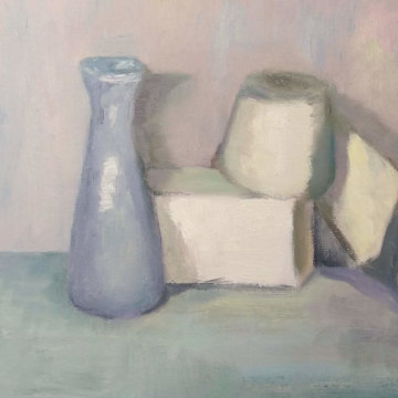 Still Life with Four Items, oil on canvas/cardboard, 30x21, 2019